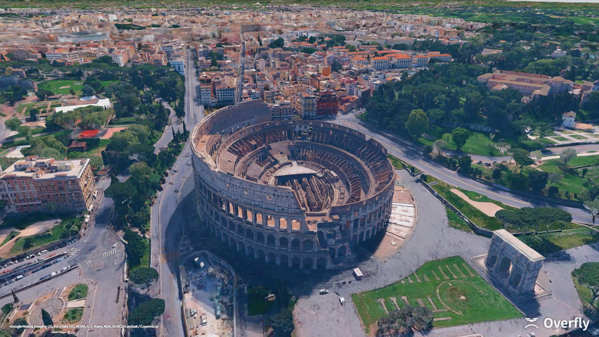Overfly screenshot: the Colosseum and the Roman Forum