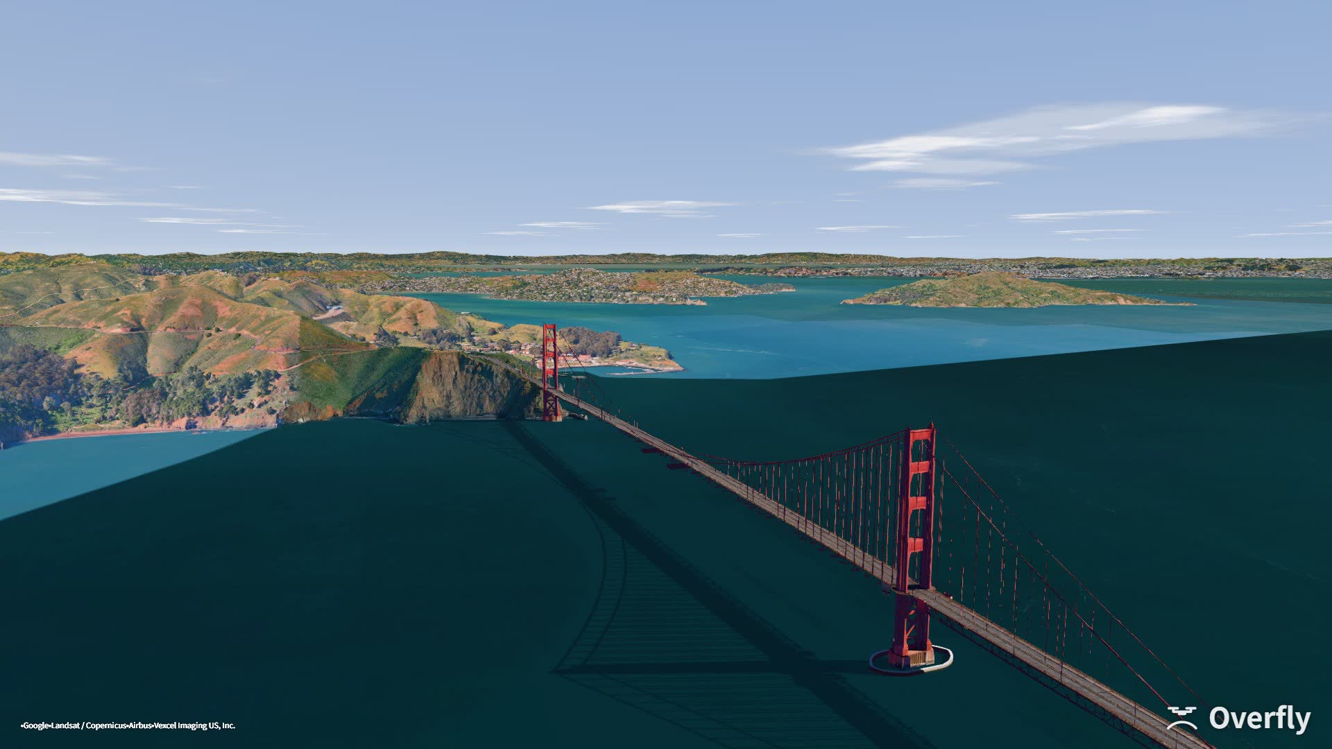 Overfly screenshot: the Golden Gate Bridge, San Francisco