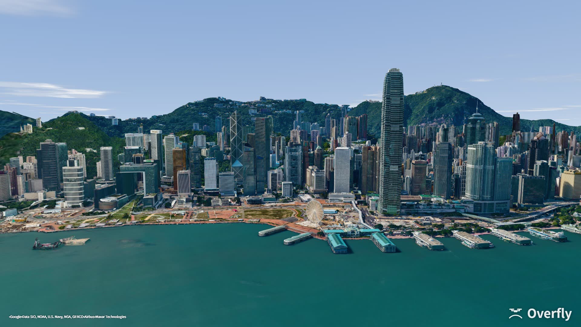 Overfly screenshot: Victoria Harbour and the hills behind Hong Kong Island