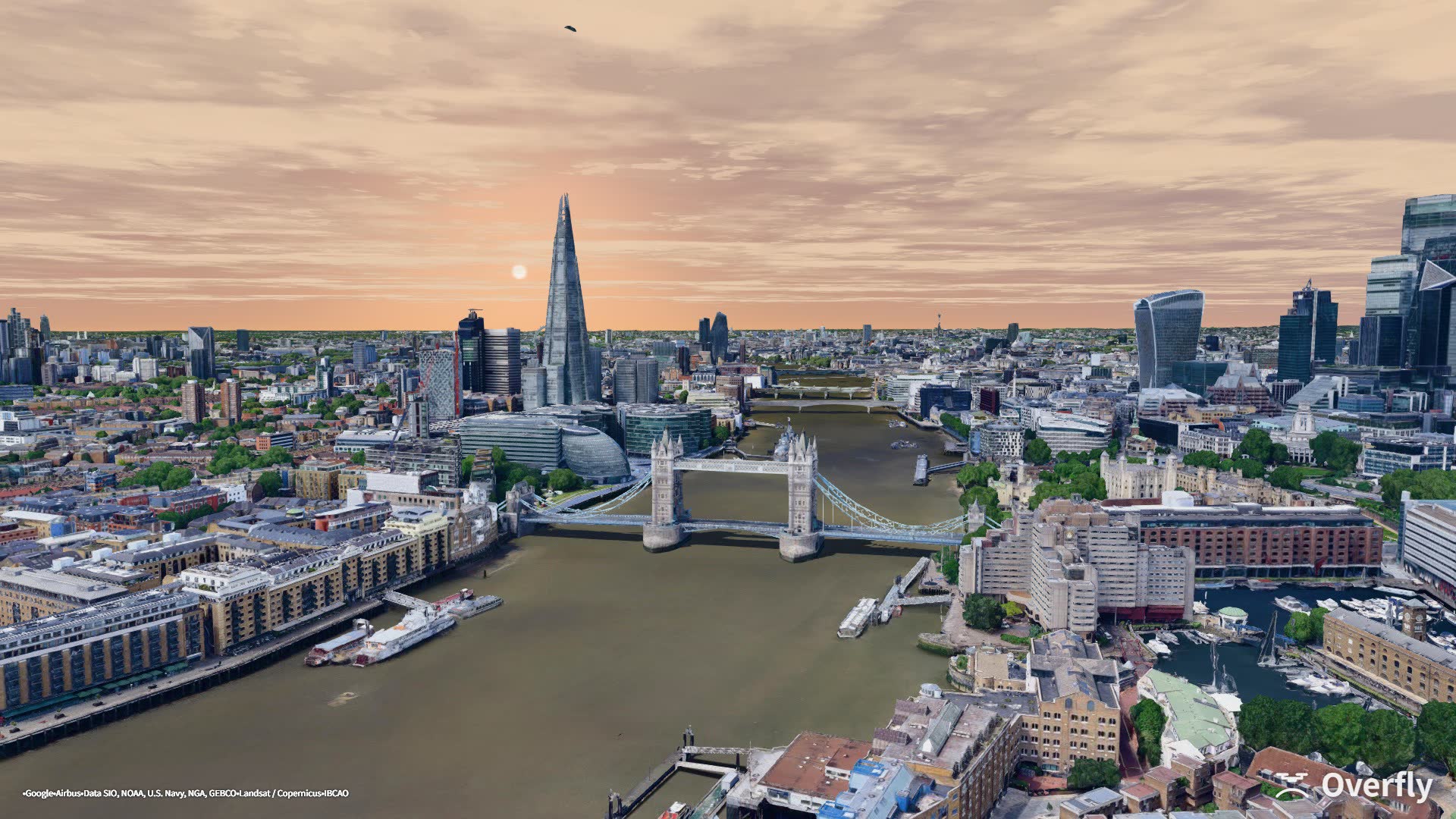Overfly screenshot: the same view of Tower Bridge at golden hour