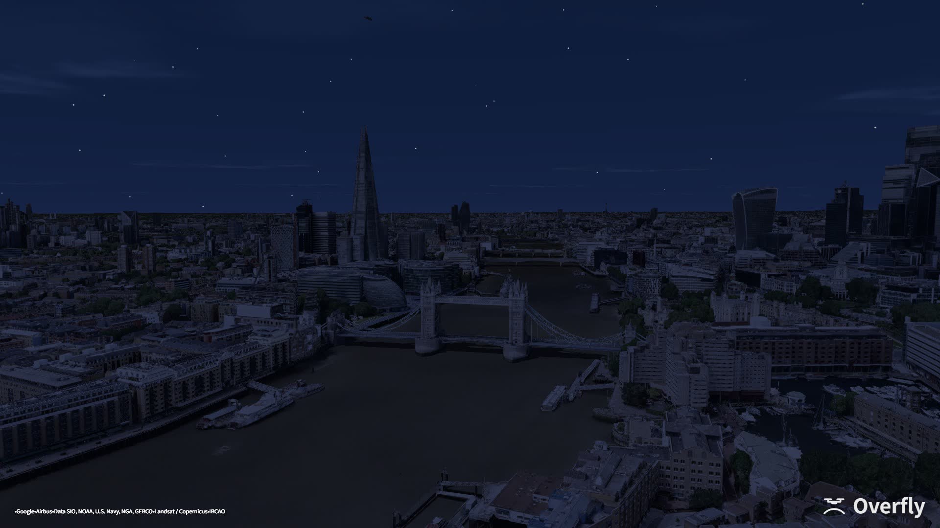 Overfly screenshot: the same view at night under a starfield