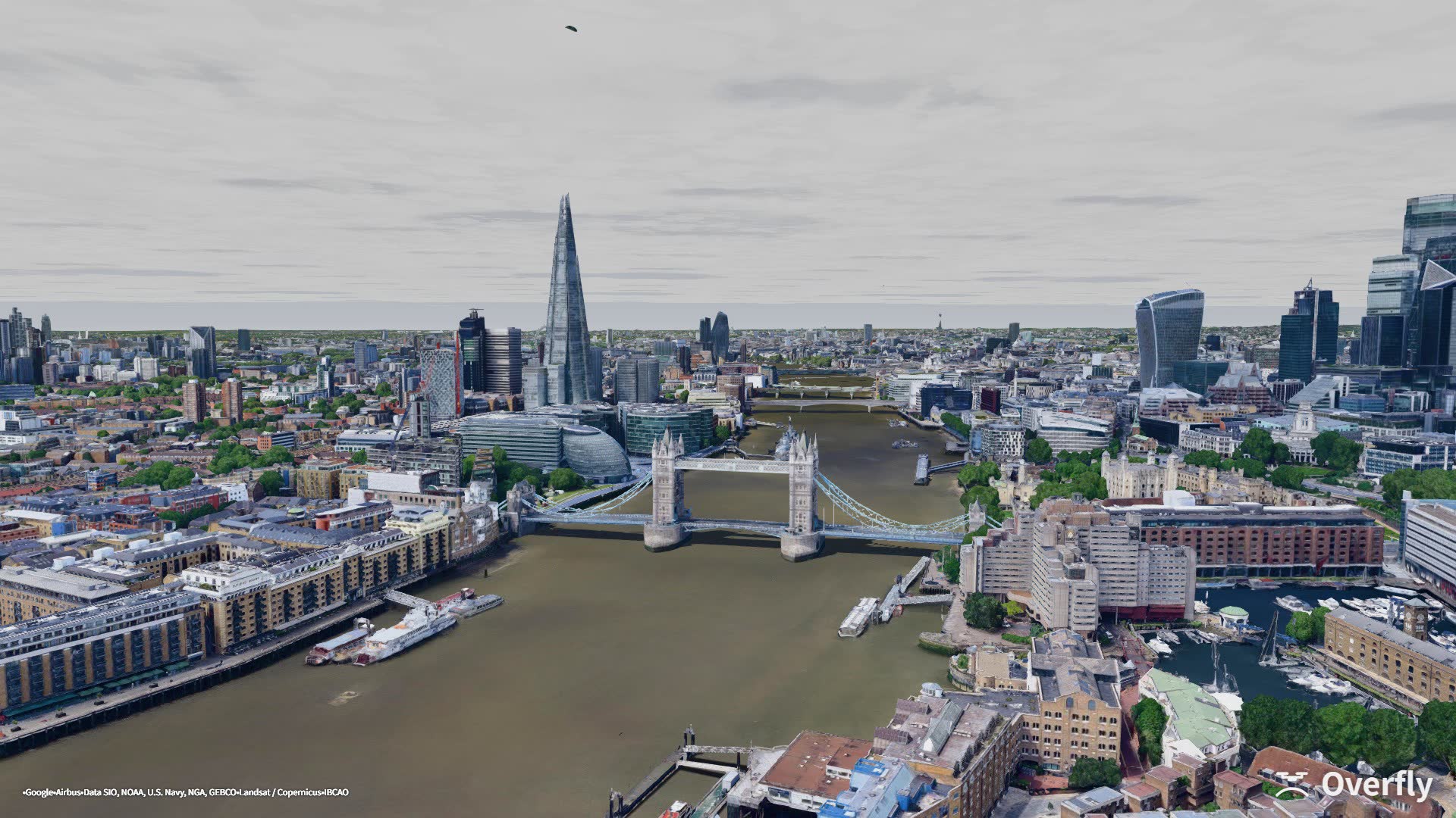 Overfly screenshot: Tower Bridge under an overcast sky