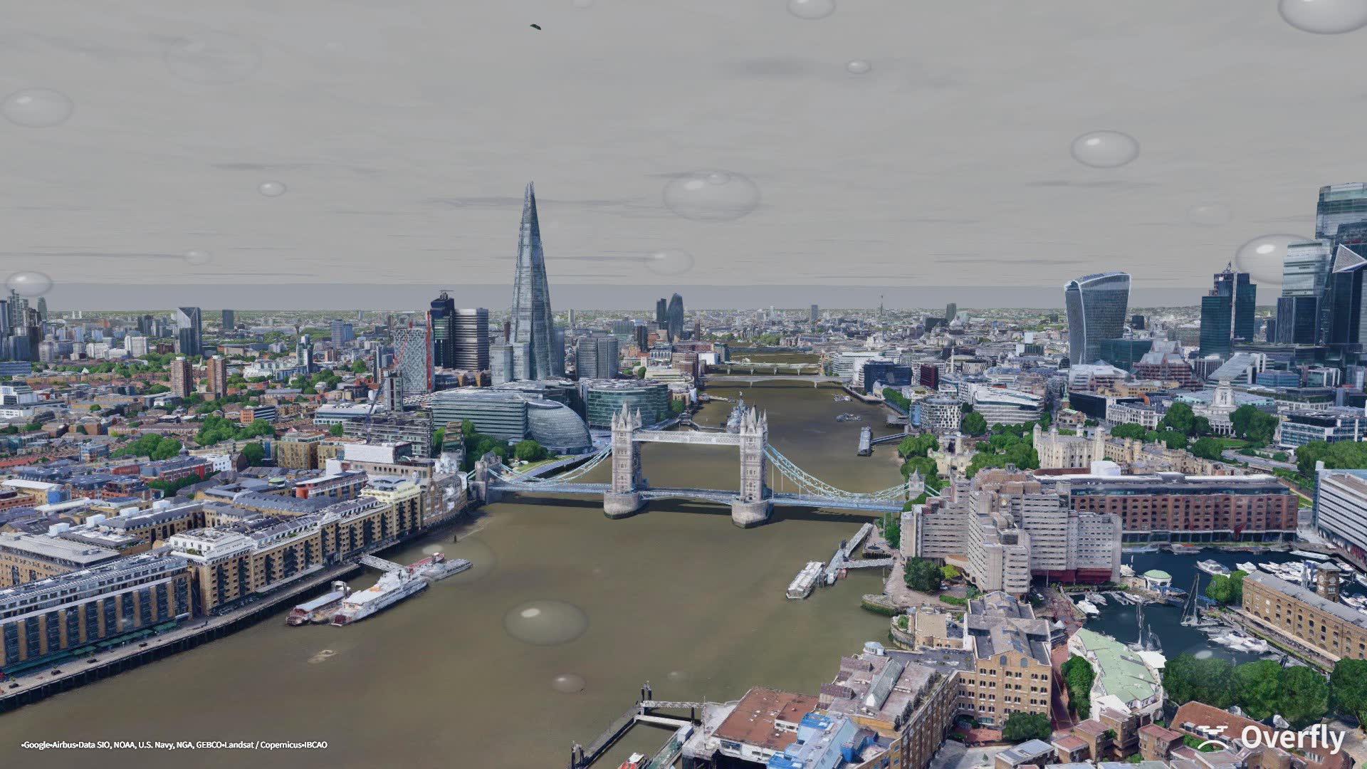 Overfly screenshot: Tower Bridge in rain, with droplets on the camera lens