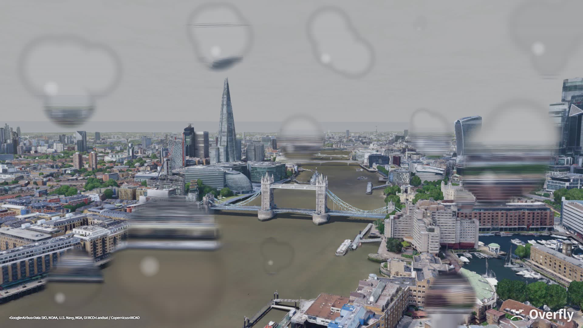 Overfly screenshot: Tower Bridge in a storm, dark cloud and heavy rain