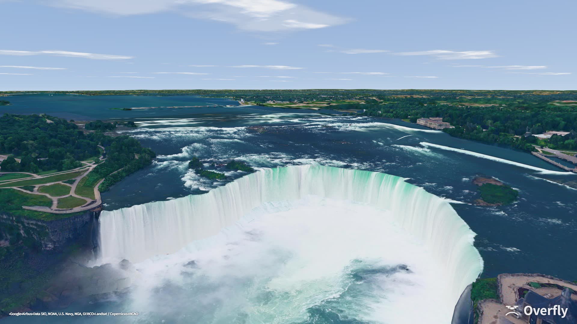 Overfly screenshot: Horseshoe Falls at Niagara seen from above the gorge