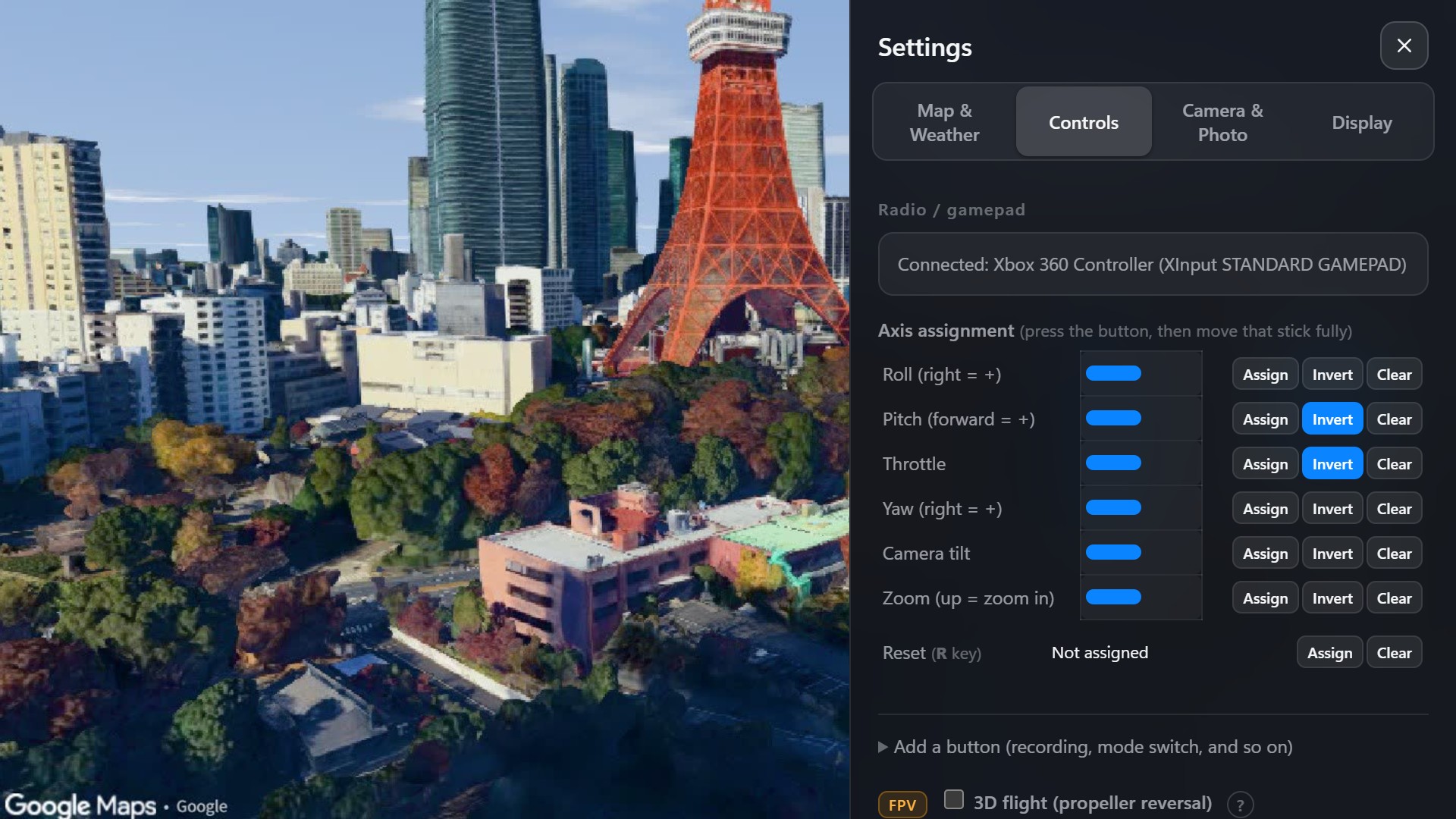 Overfly settings: axis assignment table for a USB radio, with invert and clear buttons