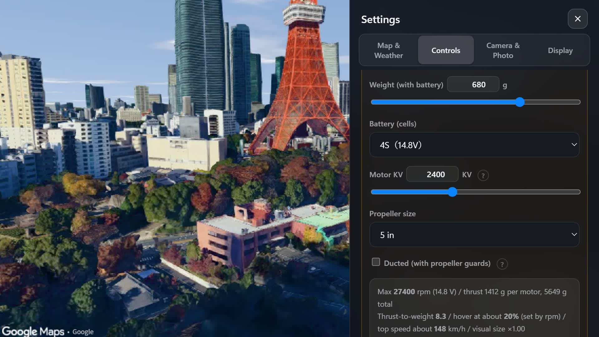 Overfly settings: custom quad from weight, cells, KV and prop size, with the computed thrust and hover throttle