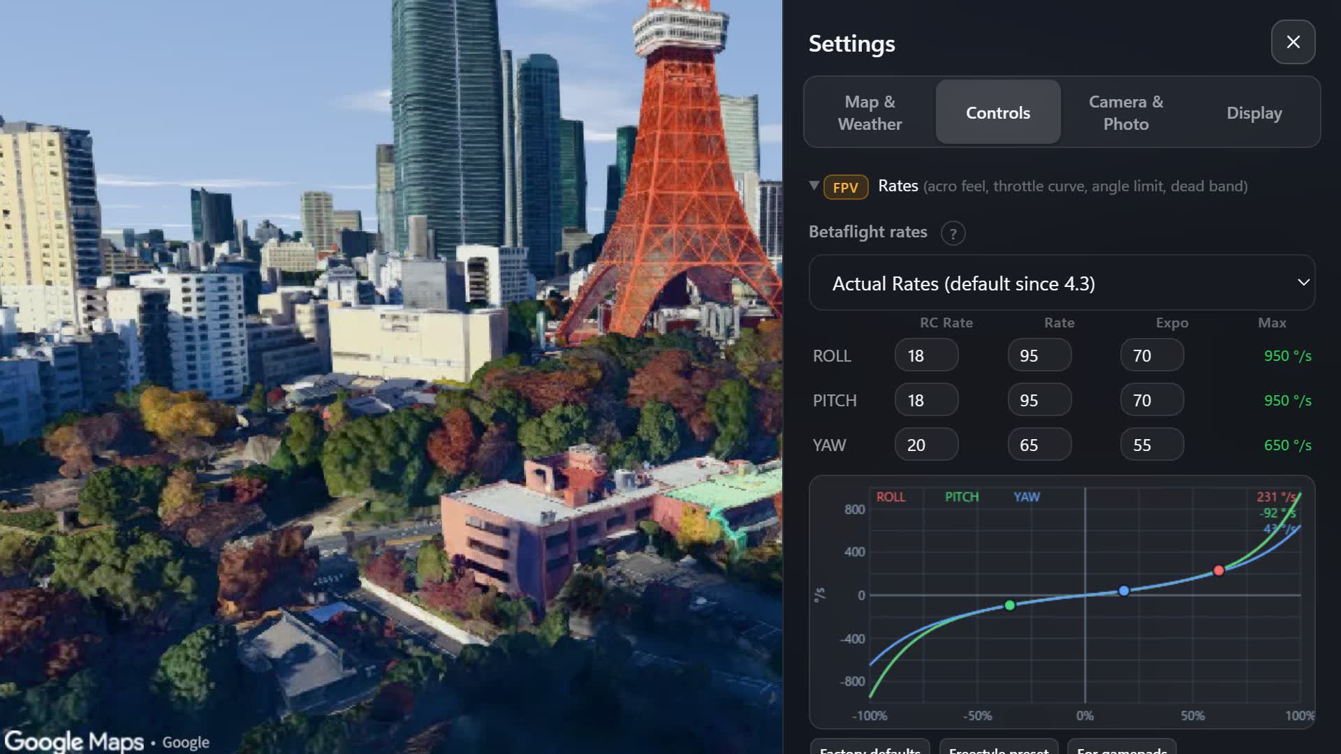 Overfly settings: Betaflight rate table and the rate graph with the current stick position