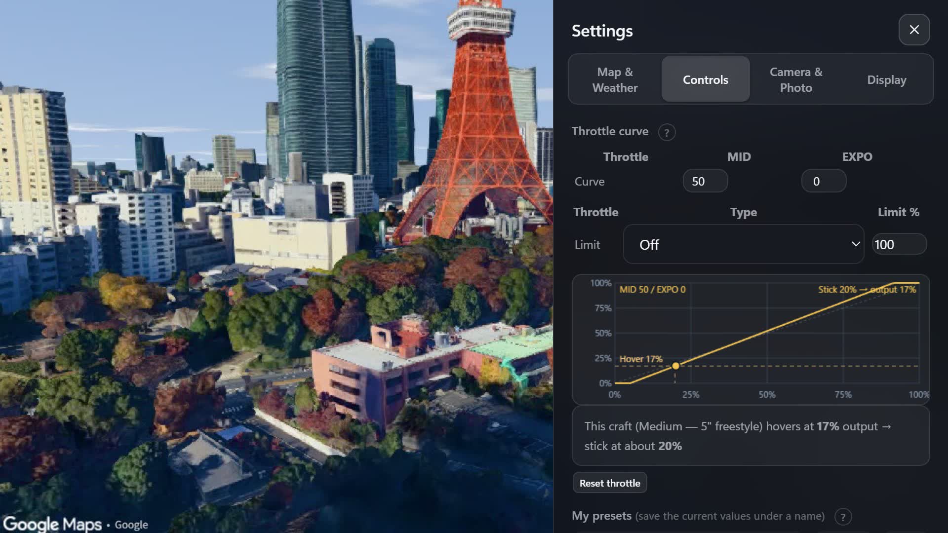 Overfly settings: throttle curve with MID, EXPO and throttle limit, and the hover point of the current quad