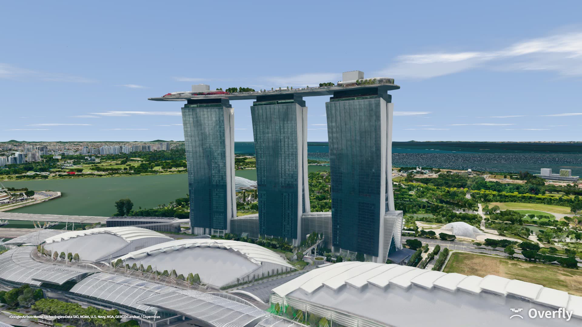 Overfly screenshot: Marina Bay and the Singapore skyline